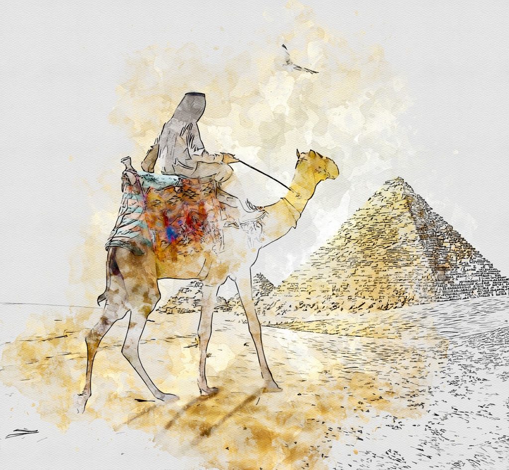 Watercolour of a camel rider by the pyramids of Egypt