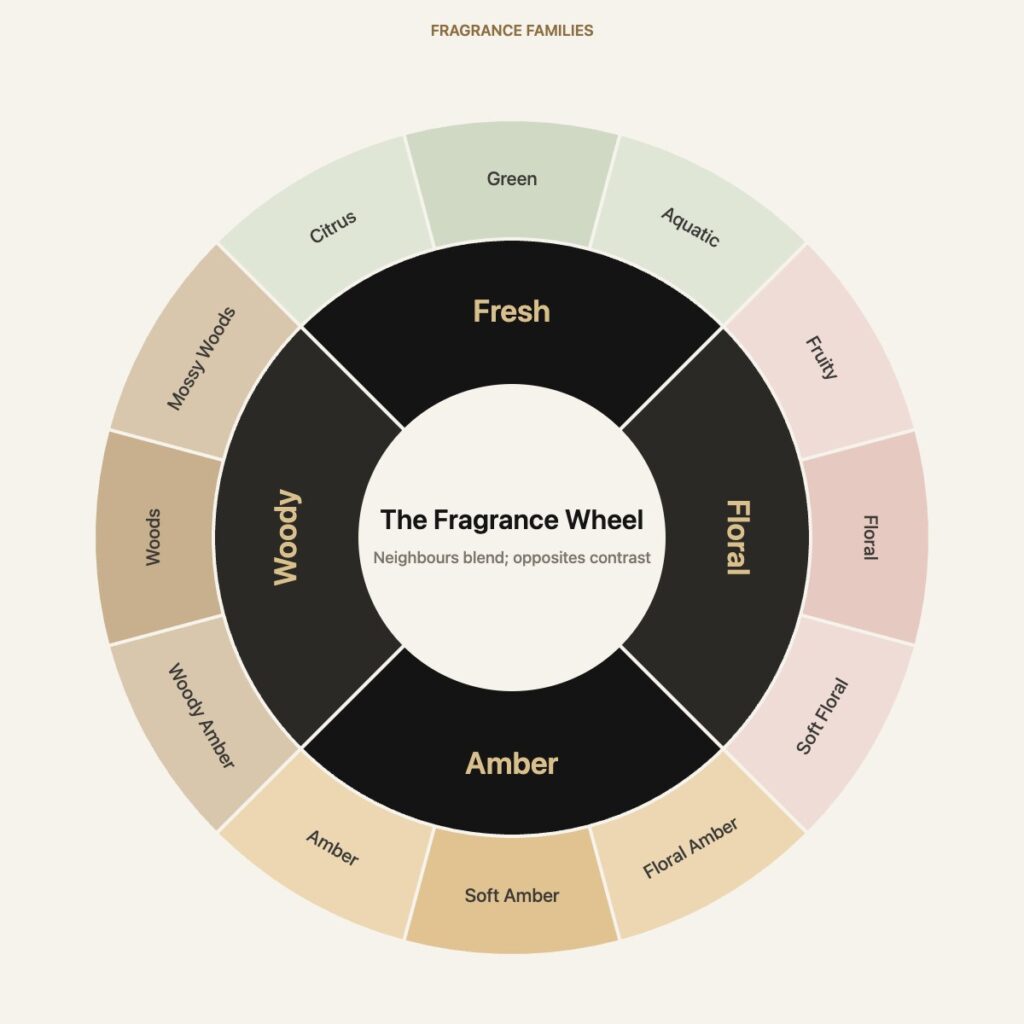 Fragrance wheel showing the four scent families (fresh, floral, amber and woody) and their sub-families