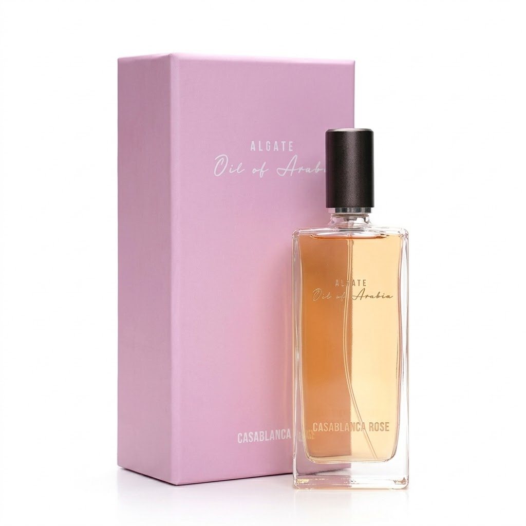 Oil of Arabia Casablanca Rose perfume bottle with pink box