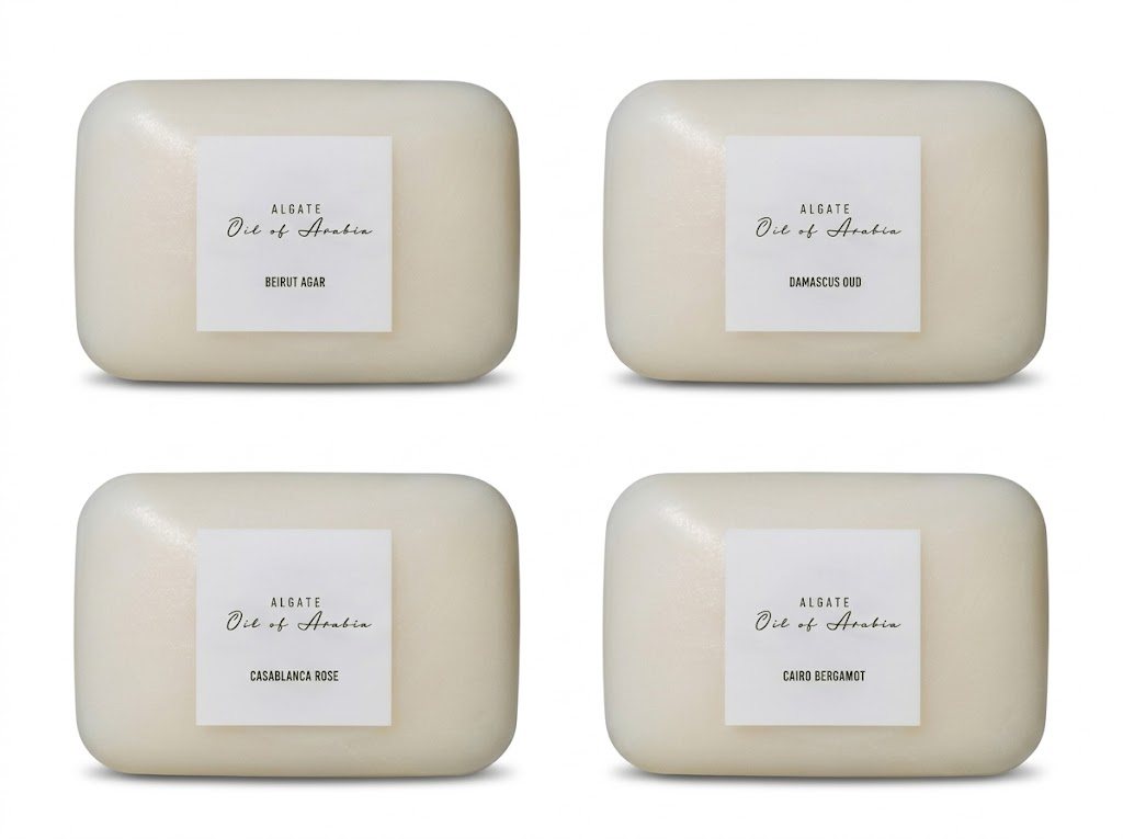 Oil of Arabia signature fragrance soaps: Beirut Agar, Damascus Oud, Casablanca Rose and Cairo Bergamot